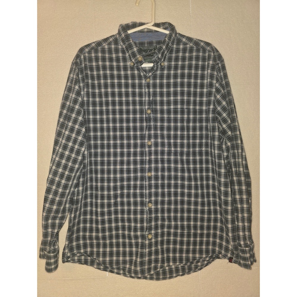 Woolrich Mens Large Plaid Button Down Shirt Grey Black Long Sleeve Outdoor L